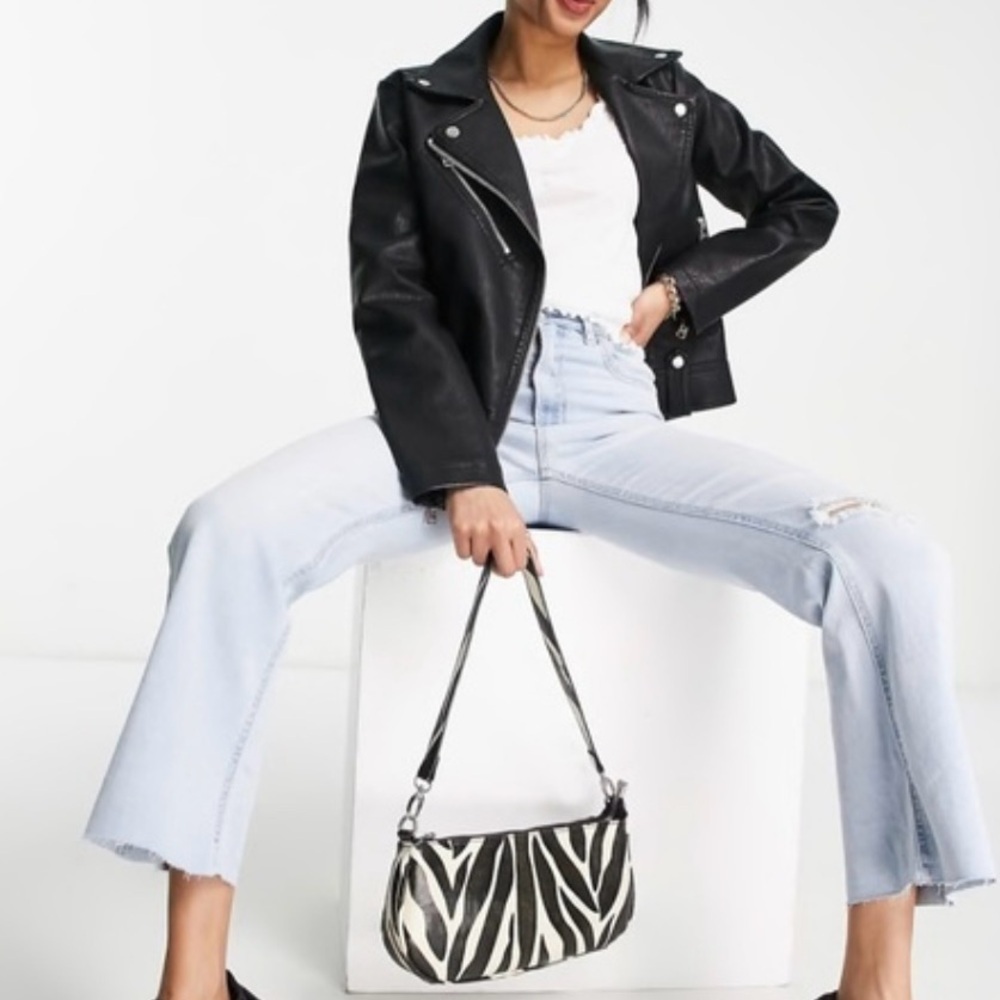 Topshop BLACK Faux Leather Biker Moto Classic Minimalist Jacket Size 4 - Picture 2 of 13